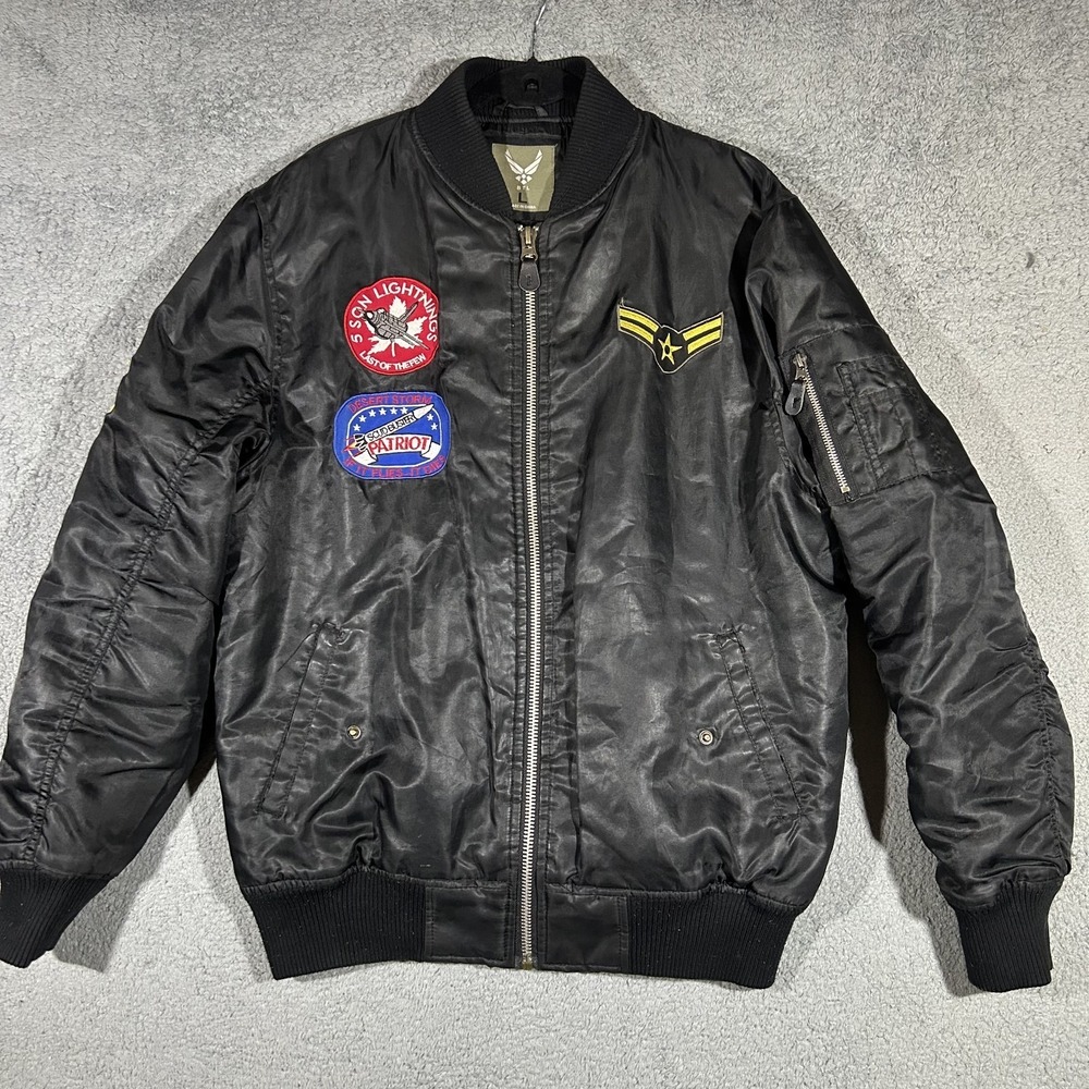 Beyond The Limit Men's Leather Military Bomber Jacket With Patches Size Large